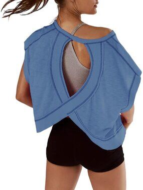👑 Women's Blue Short Sleeve Open Back Workout Y2K Slouchy Athletic Gym Tops